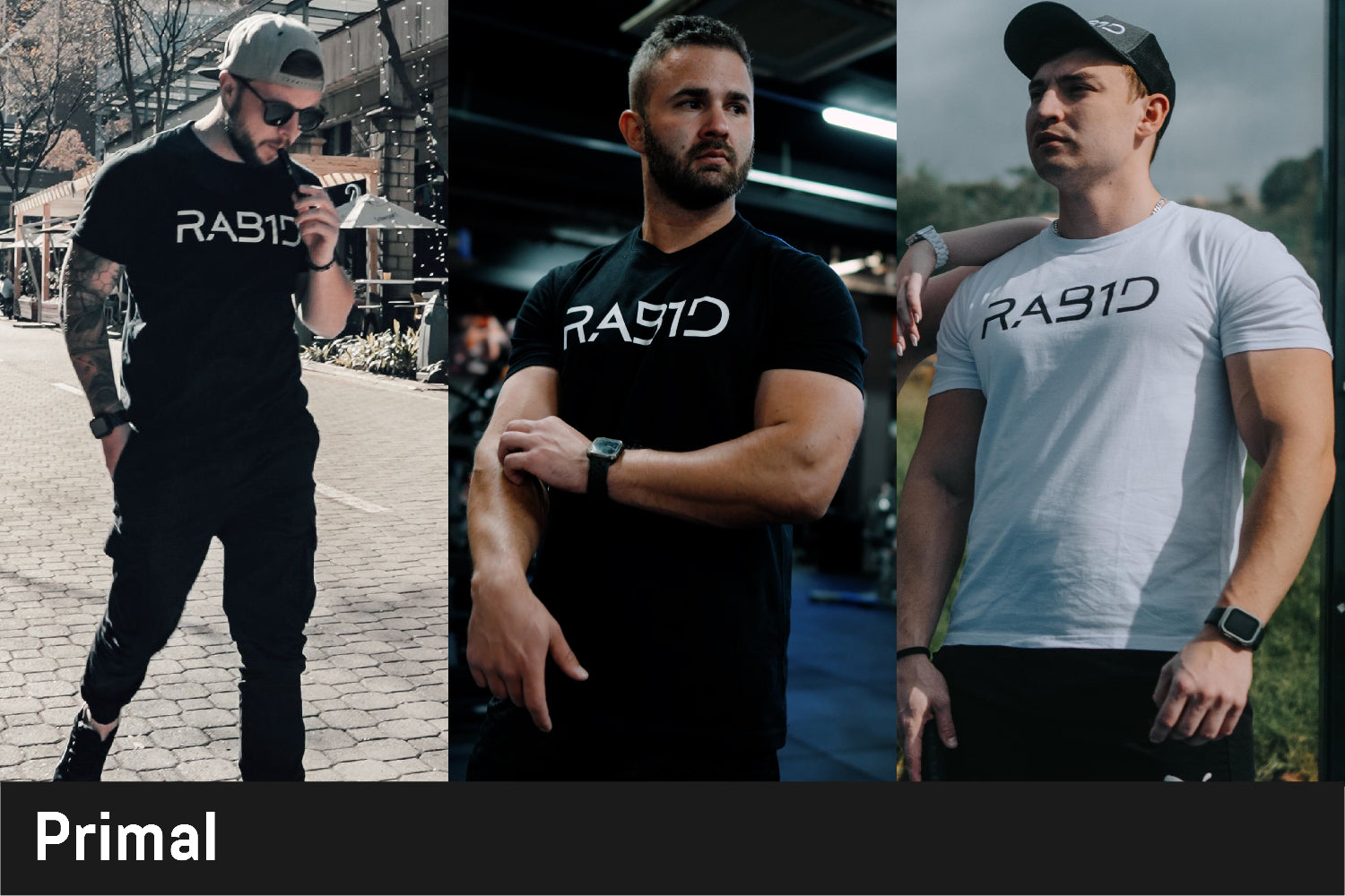 Three men wearing 'RAB10' branded t-shirts in different settings.