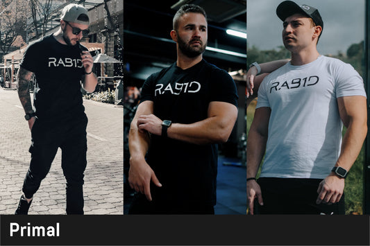 Three men wearing 'RAB10' branded t-shirts in different settings.