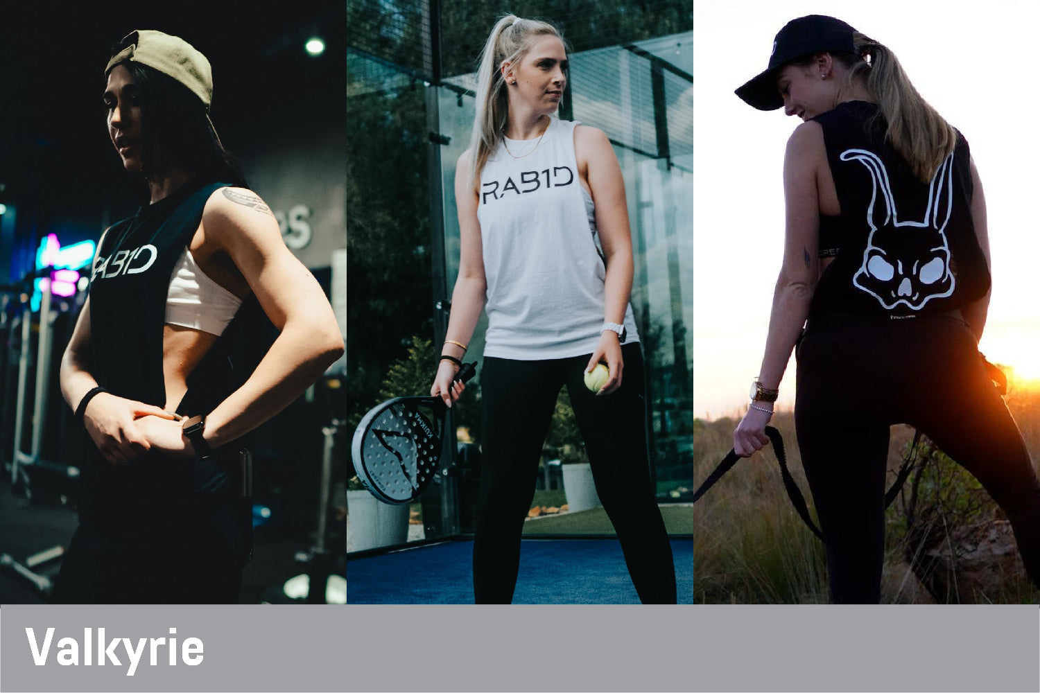 Three women wearing different tank tops with visible 'RABID' branding, standing in various outdoor settings.