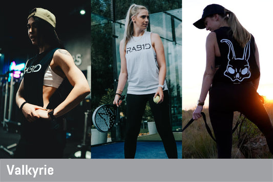 Three women wearing different tank tops with visible 'RABID' branding, standing in various outdoor settings.